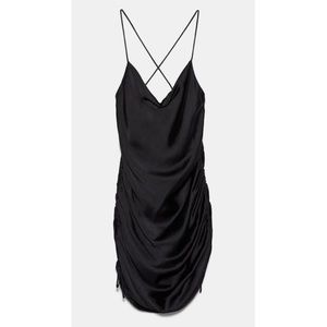 ZARA Draped Satin Ruched Black Dress